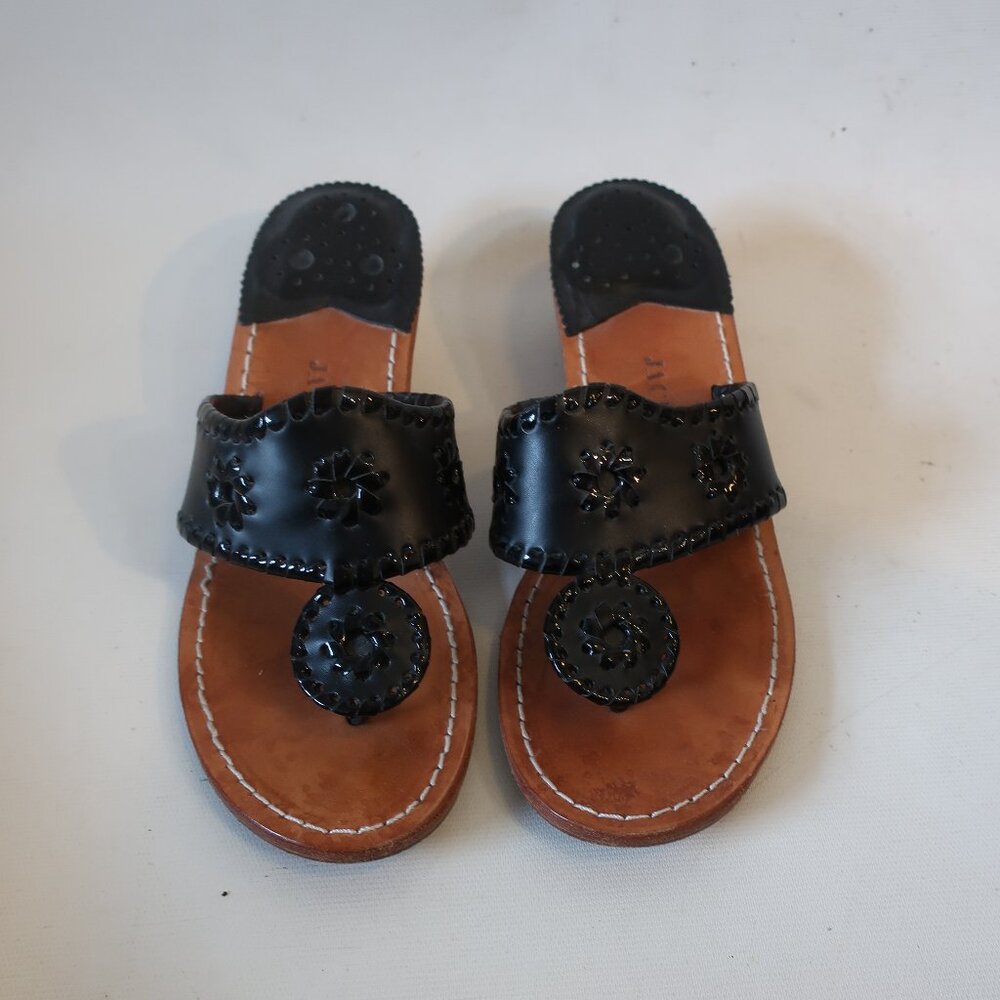 Womens Jack Rogers Black Woven Leather Patent Leather Thong Wedge Heel Sandals 7
